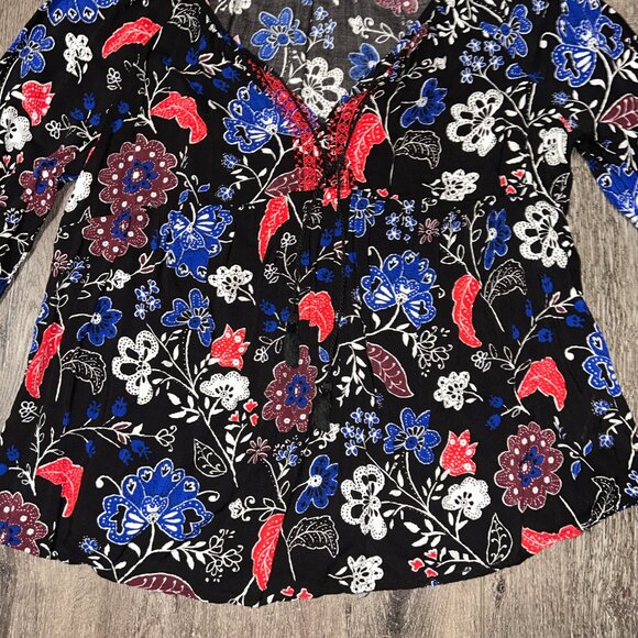Old Navy Women’s Medium Black Floral V-Neck Long Sleeve Blouse Top Colorful - Picture 2 of 6